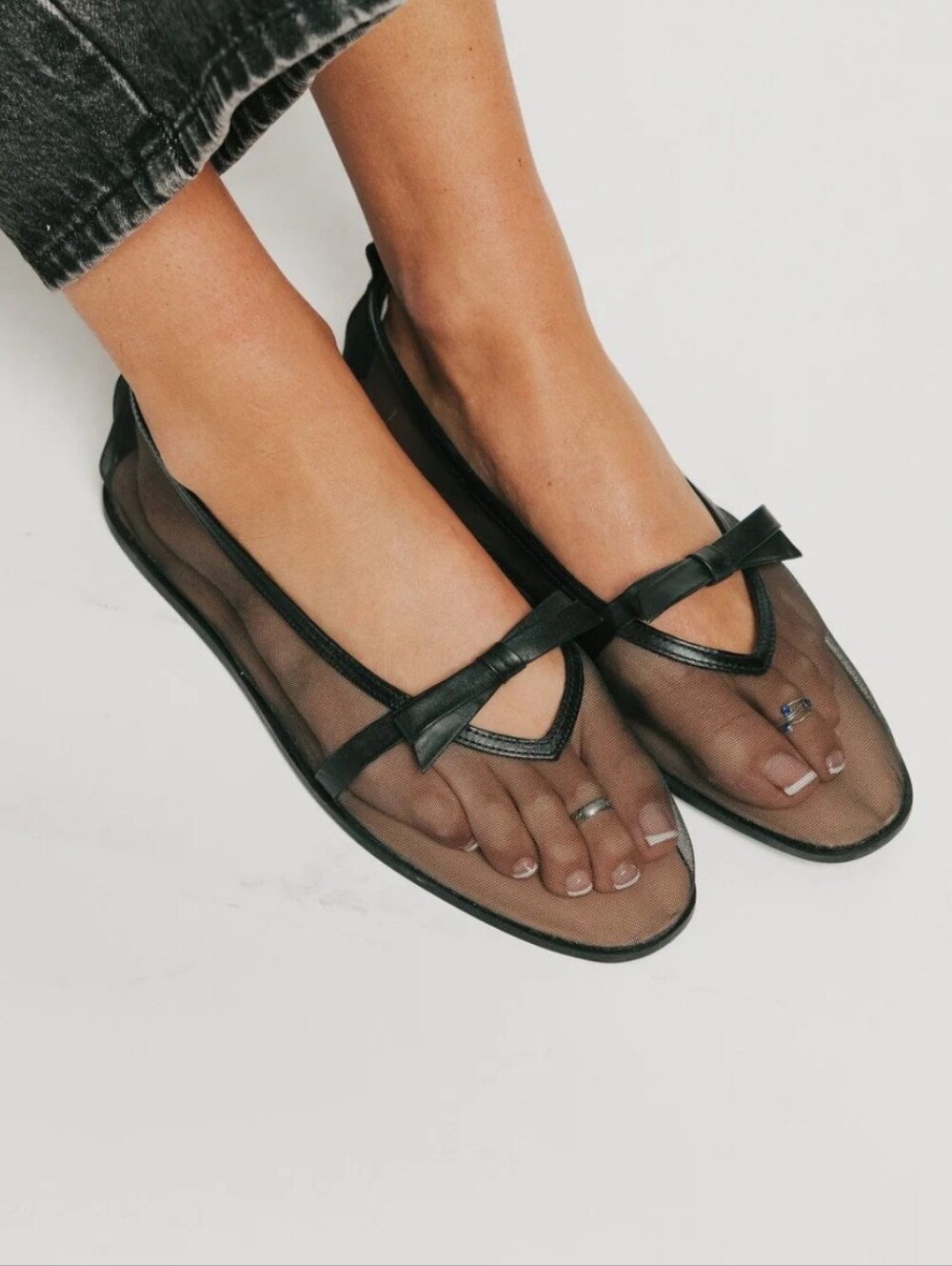 NIB Free People Mesh Mania Black Sheer Ballet Flats Bow Detail Size 10